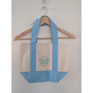 Trader Joe's Mini Pastel Canvas Tote Bag Light Blue Cream Embroidered Logo NWT